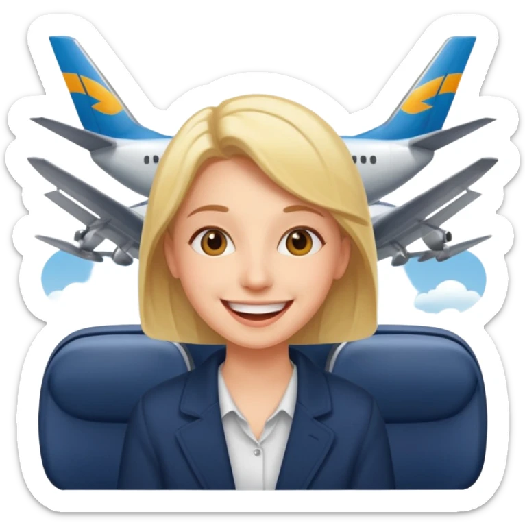 

:a happy confident student after IELTS, traveling abroad, airplane, university, freedom, smiling

Style: emoji, clean, simple, white background. sticker