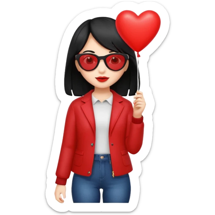 black hair girl with sun glasses holding red heart balloon sticker