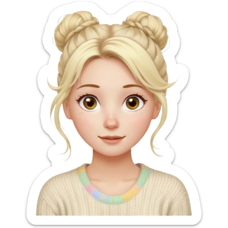 blonde hazel eyes woman with a white cable knit sweater and one messy bun with tendrils of hair flowing down her face and she is happy pale, some freckles, blush. she has a cateye wing and long lashes sticker