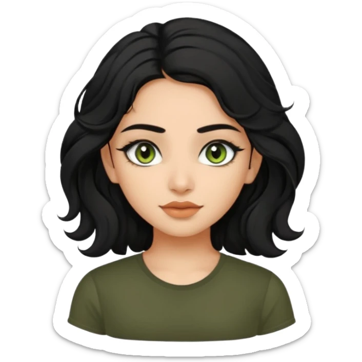 a pretty FAIR indian bratz girl with wavy black hair, wearing a black tee. eyeliner on, olive green eyes.  sticker