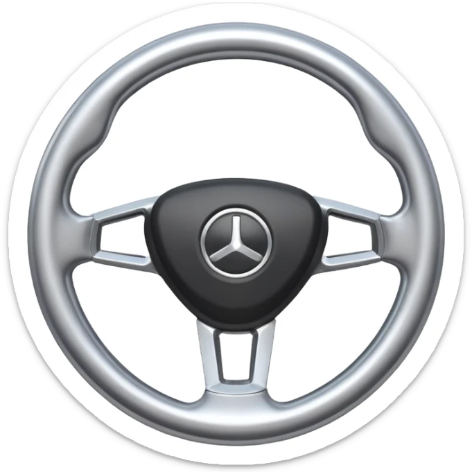 A futuristic steering wheel emoji made of silver chrome, minimal geometric design, smooth metallic surface, soft reflections, iOS emoji style, centered, clean white background sticker