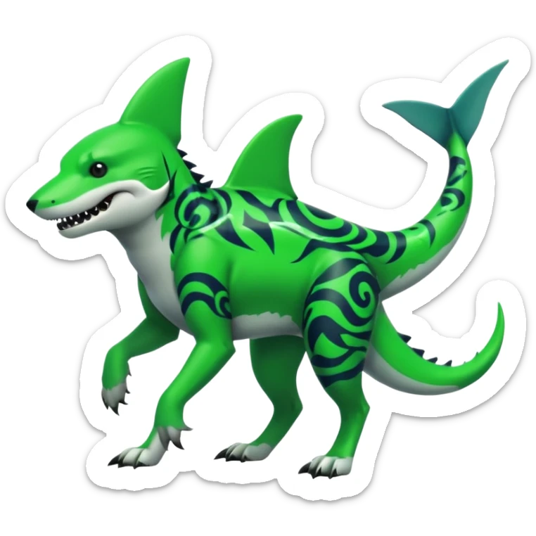 Edgy cool badass Neon-green landhai-sergal-canine, with a shark tail, with black and dark-green swirly patterns markings sticker