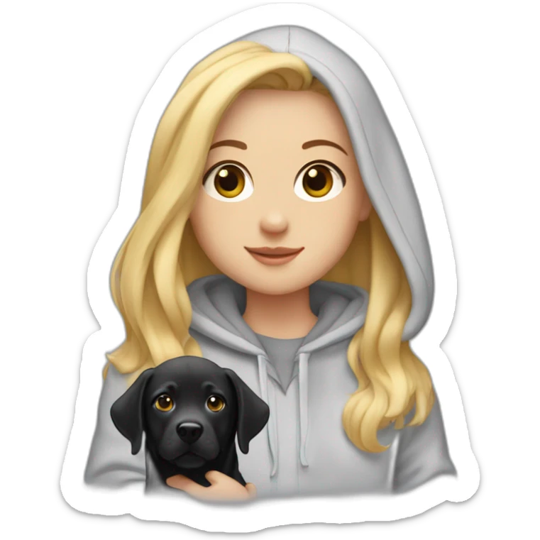 A blonde girl with smooth hair and a ray in the middle of his hair, she has light skin a few freckles, and she wear a hoodies and she Carries in his arms a baby black labrador dog  sticker
