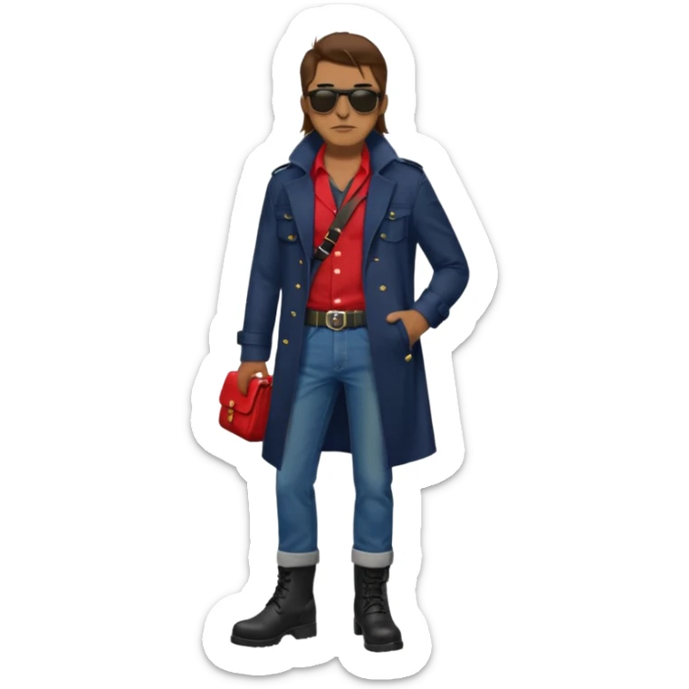Man with long brown hair, brown goatie, sunglasses, wearing red button up shirt with a sling horizontally across the torso, wearing a black trenchcoat, blue jeans, long black military boots, red fingerless gloves, green backpack sticker