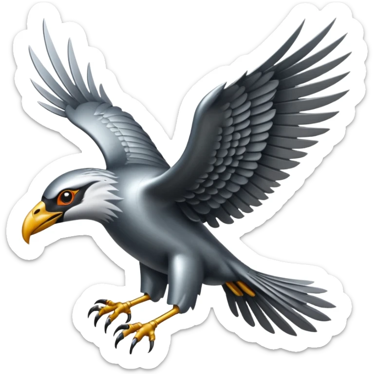 Emoji-style icon of a large metallic predatory bird flying, sharp wings, steel texture, dramatic pose, no gold sticker