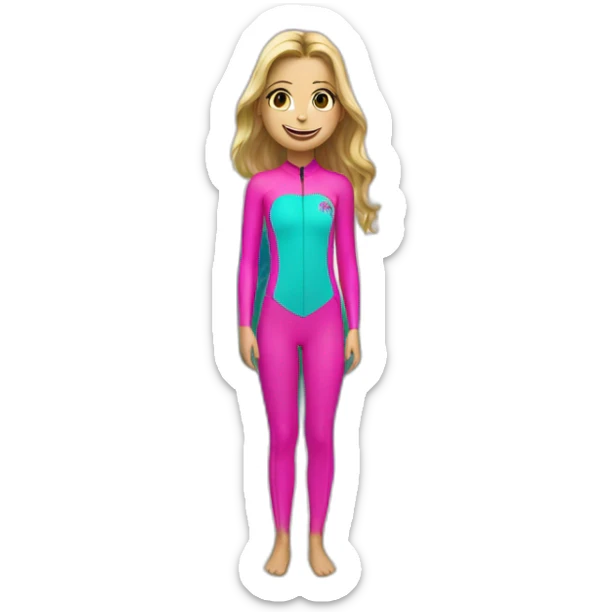 Girl with tattooed hands wearing a bright pink wetsuit surfing big wave next to palm tree sticker
