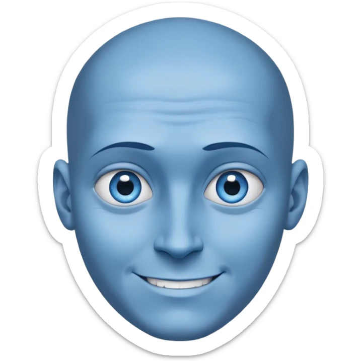 a character with blue skin and a huge forehead - twice the size of the face, the shape of the head is like a rounded inverted triangle. He has a smooth bald head. a sly, intelligent smile. Close-up. Blue eyes sticker