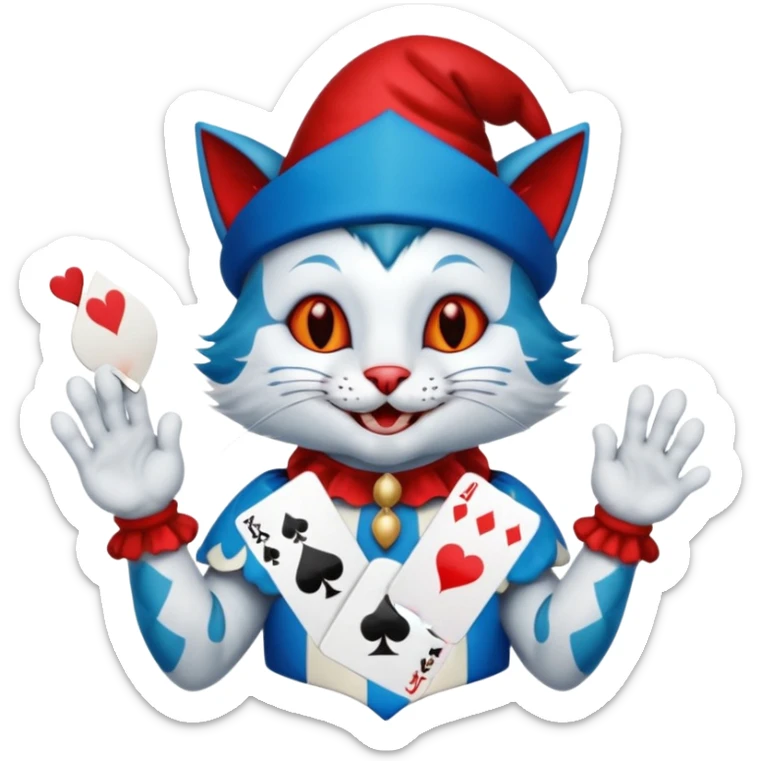 crazy colorful cute little cat jolly joker from poker, medieval, vintage, court jester, mac os icon, blue color, holds a single poker card on the right paw sticker