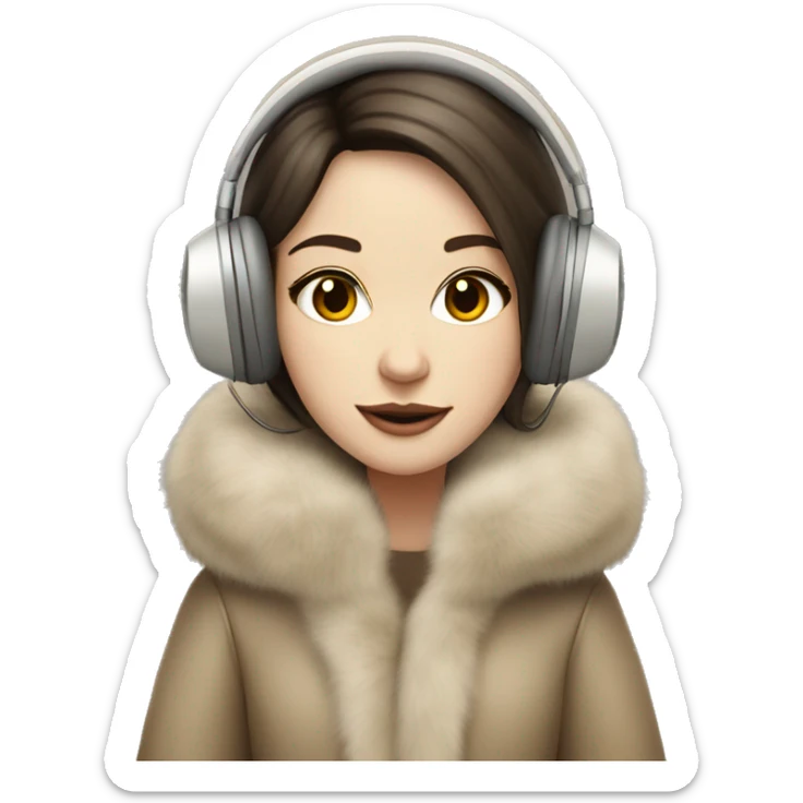 Posh pale brunette girl in beige fur coat and fur headphones  sticker