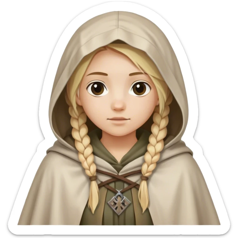 girl with blond braids wearing a tunic and a cloak with a hood over her shoulders holding a white square of canvas, medieval age sticker