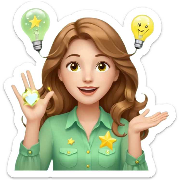 Joyful and imaginative woman with fair skin, long wavy light brown hair, hazel eyes, wearing a light green blouse with yellow accents, holding a glowing lightbulb and gesturing outward. Surrounded by stars, sparkles, speech bubbles, a paper plane, and a small heart. Waist-up, front-facing sticker