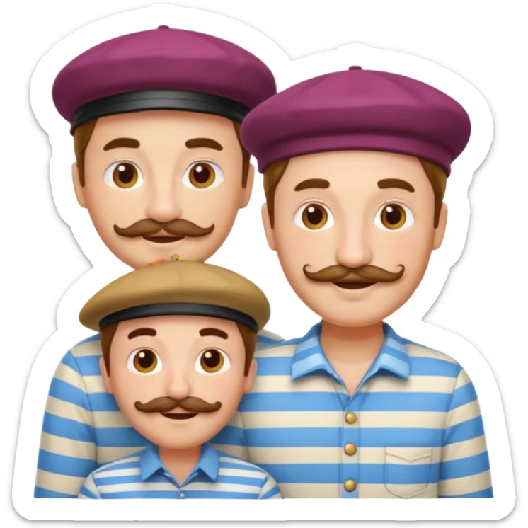 three French people together, classic emoji style, simple facial features, berets, striped shirts, mustaches, cheerful expressions sticker