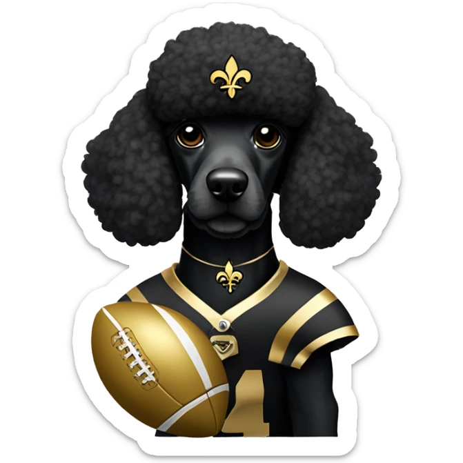 Black poodle wearing a gold football helmet with black stripe and gold fleur de lis emblem sticker
