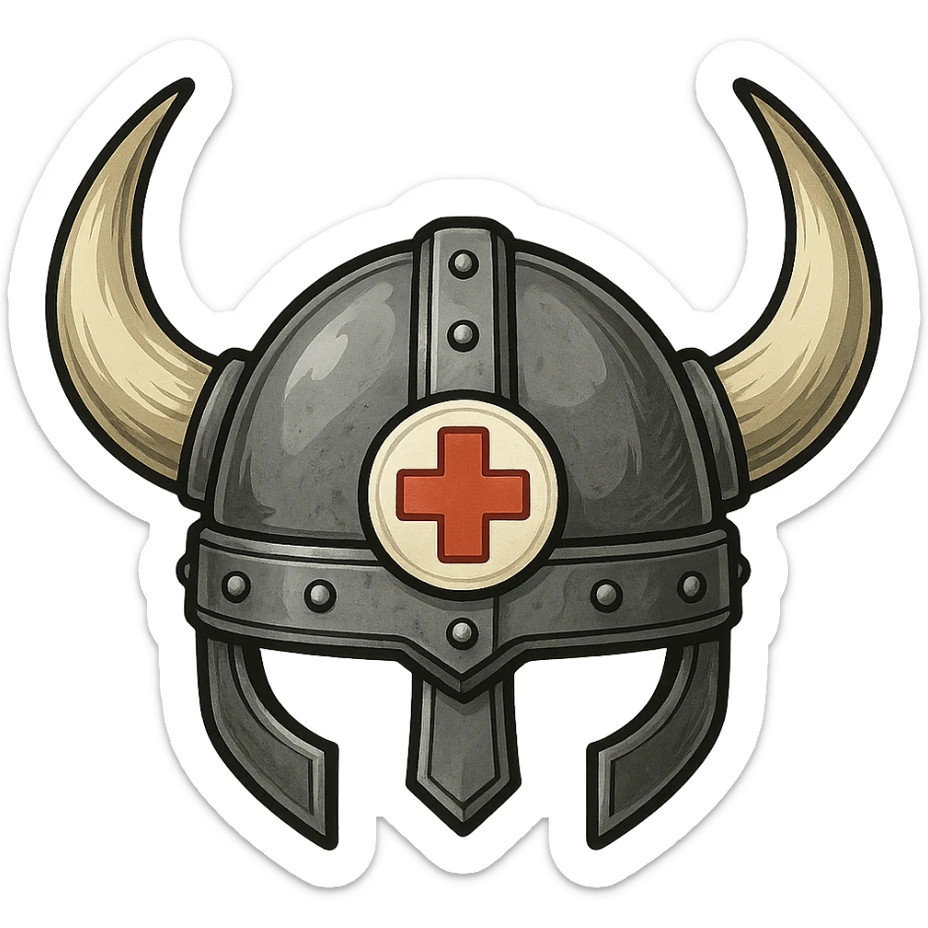A Viking helmet with a medical cross emblem, symbolizing strength and healing sticker