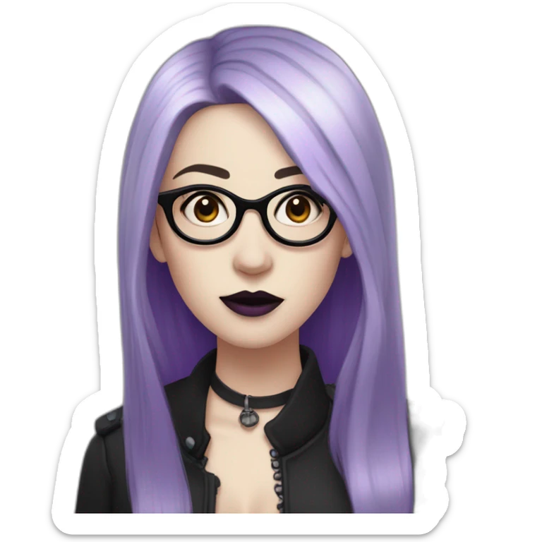 goth woman with long side parted purple hair and oval glasses, pale skin, sticking out tongue sticker