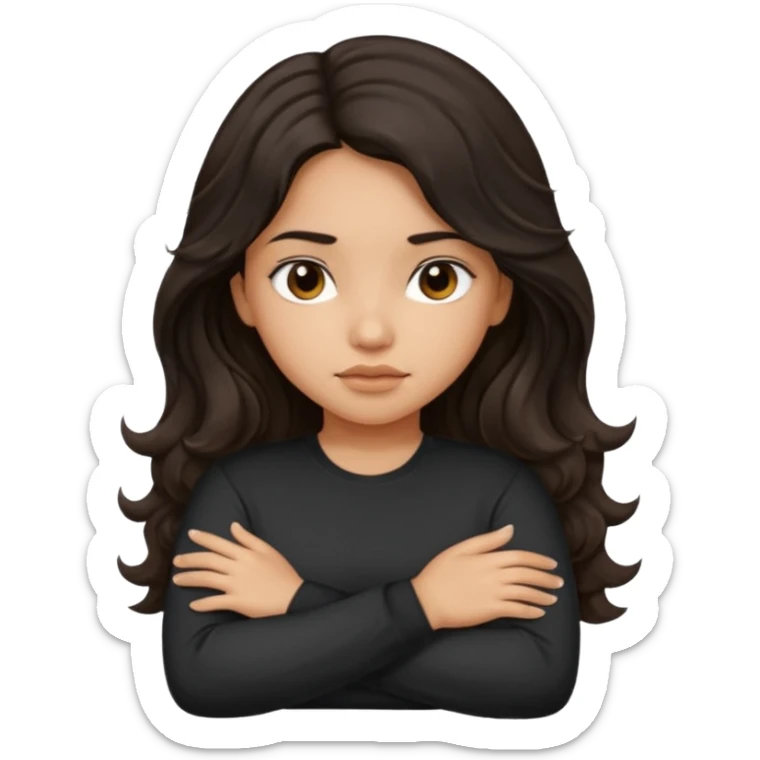 Hispanic girl dark long wavy hair crossing her arms with slight pout wearing a black long sleeve shirt sticker