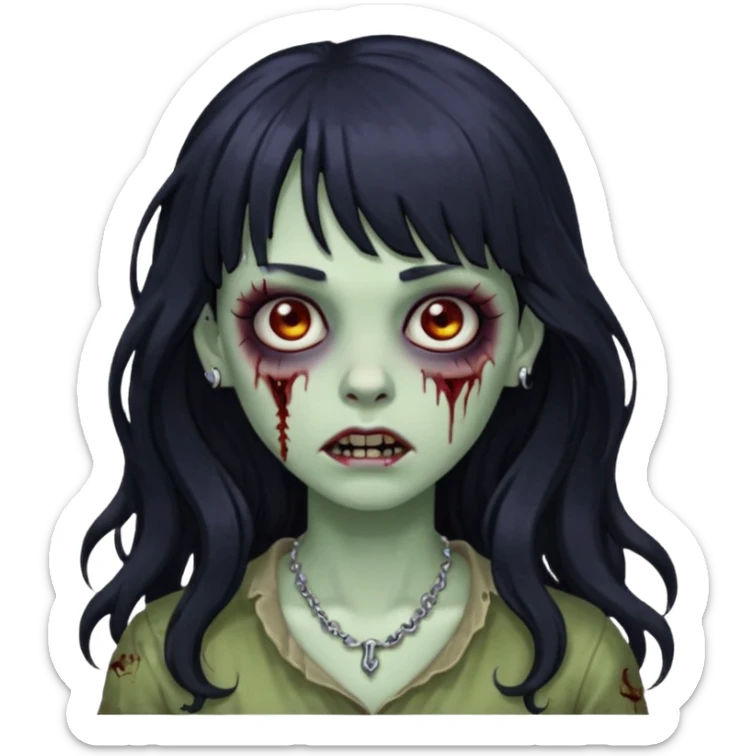 crie um kamoji estilo zumbi (feminina) com o cabelo comprido levemente ondulado e com franja preto, coloque alguns piercing  sticker