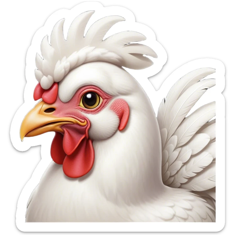 Cinematic Noble White Chicken Portrait Emoji, Poised and regal, with a compact, sturdy build and a pristine, well-groomed pure white plumage, deep-set soulful beady eyes, Simplified yet sharp and sophisticated features, highly detailed, glowing with a soft, dignified glow, high shine, intelligent and alert, stylized with an air of barnyard elegance, focused and attentive, soft glowing outline, capturing the essence of a watchful and confident fowl, so majestic it feels as though it could strut out of the screen with effortless authority! sticker