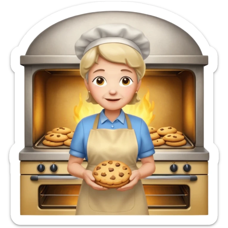Portrait of a proud grandma wearing a golden apron, standing in front of a glowing oven, cookies baking inside, magical warmth, emoji-style sticker