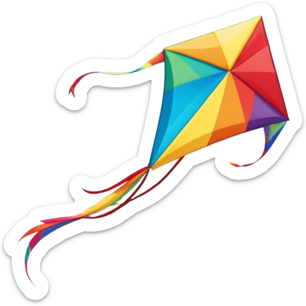A colorful kite soaring high in the sky on a sunny day, with a long, flowing tail trailing behind. The background features an open field or beach, capturing the joy and freedom of flying kites, with gentle winds and a peaceful atmosphere. sticker