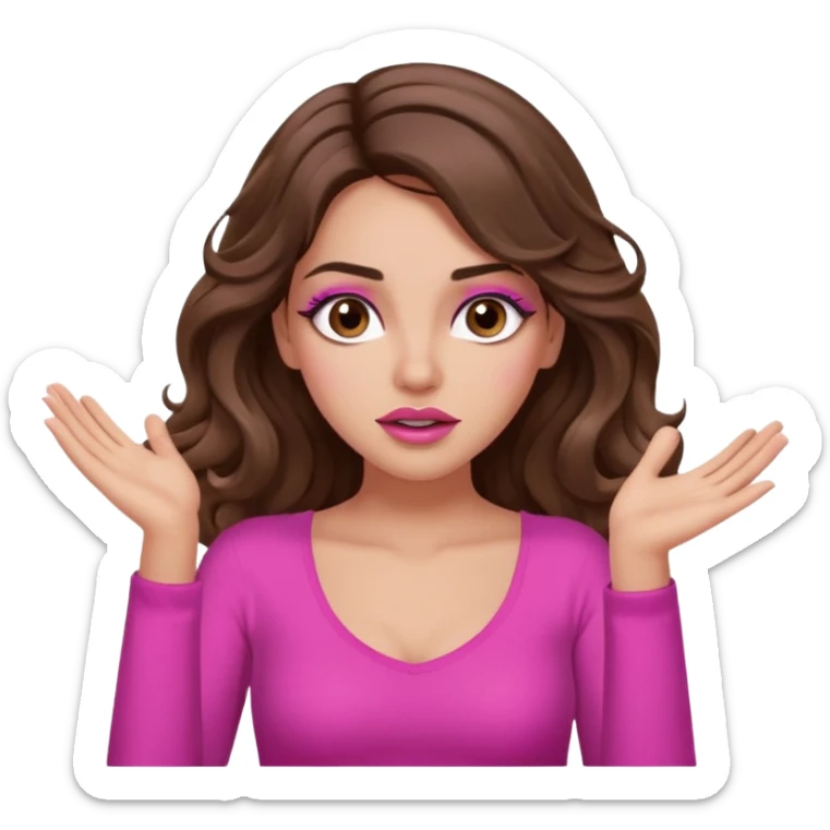 girl with long wavy brown hair, brown eyes, long lashes makeup, sexy pink lips, light to medium complexion, pink sexy top, two hands up, shrugging, confused sticker
