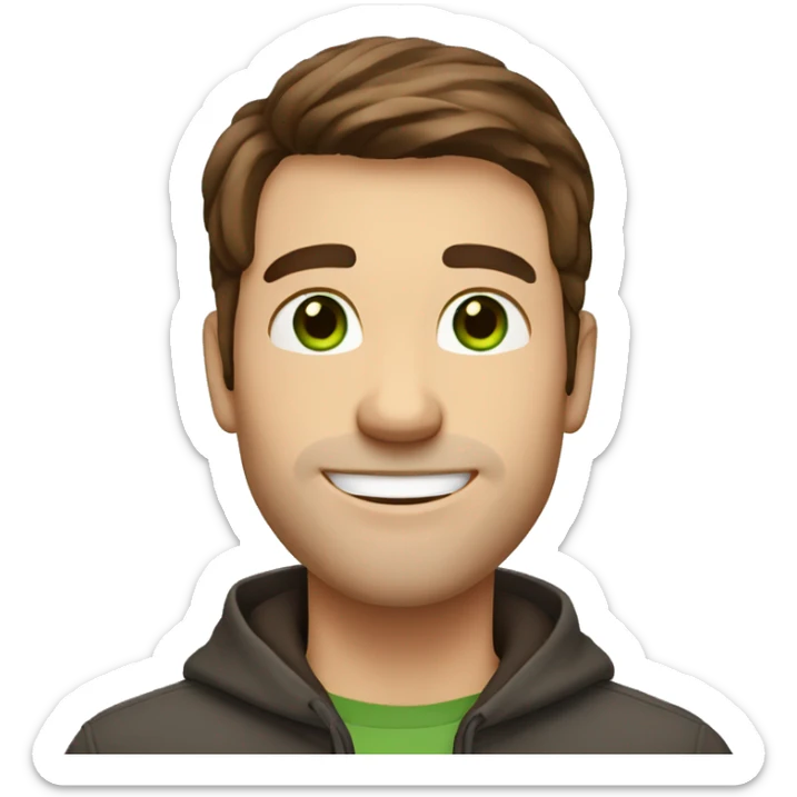 Handsome man with brown hair, gradient hair on the side, green eyes. Big smile and thin face. sticker