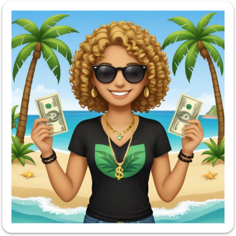 Smiling person with curly hair wearing black t-shirt and necklace, sunglasses, showing dollar bills, beach with palm trees sticker