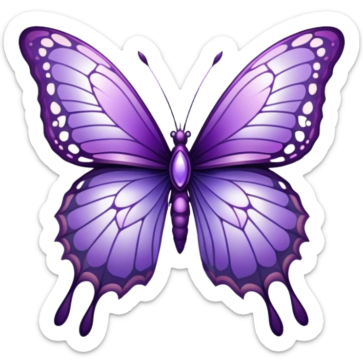 "A majestic butterfly in shades of purple, with intricately detailed wings featuring a mesmerizing pattern resembling delicate lace. The wings shimmer with an iridescent glow, reflecting hues of amethyst and lilac. The butterfly hovers gently above a field of blooming lavender, surrounded by tiny dewdrops glistening in the morning sunlight. A soft-focus background creates a dreamy atmosphere, emphasizing the elegance and ethereal quality of the butterfly."
 sticker