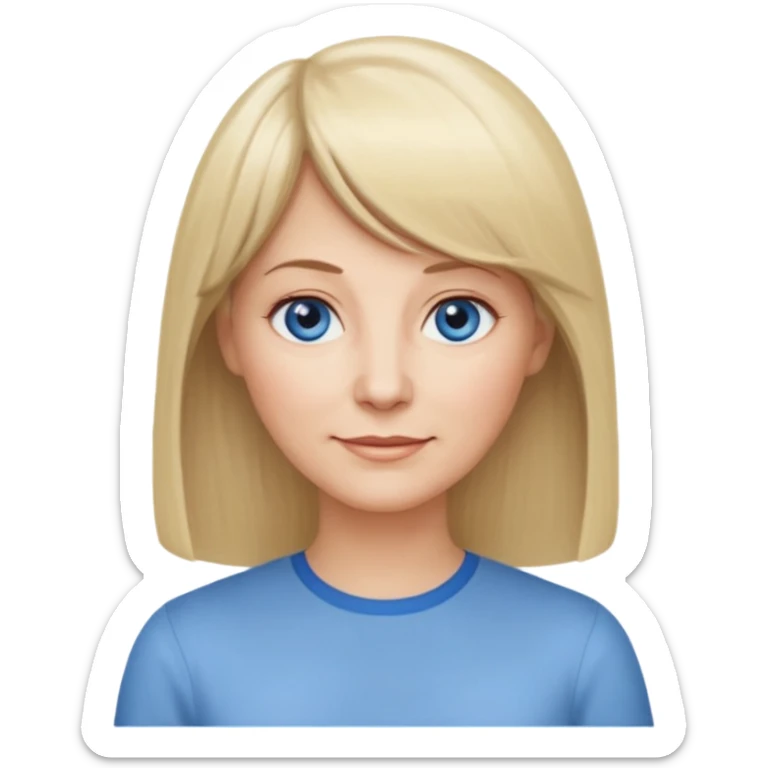 50 yr old white woman, center parted hair with bangs, very long straight blond hair, oval face, small smile, blue eyes, thin face, hair downback, hair parted at center of head, round cheeks, pale, longer hair, white shirt sticker