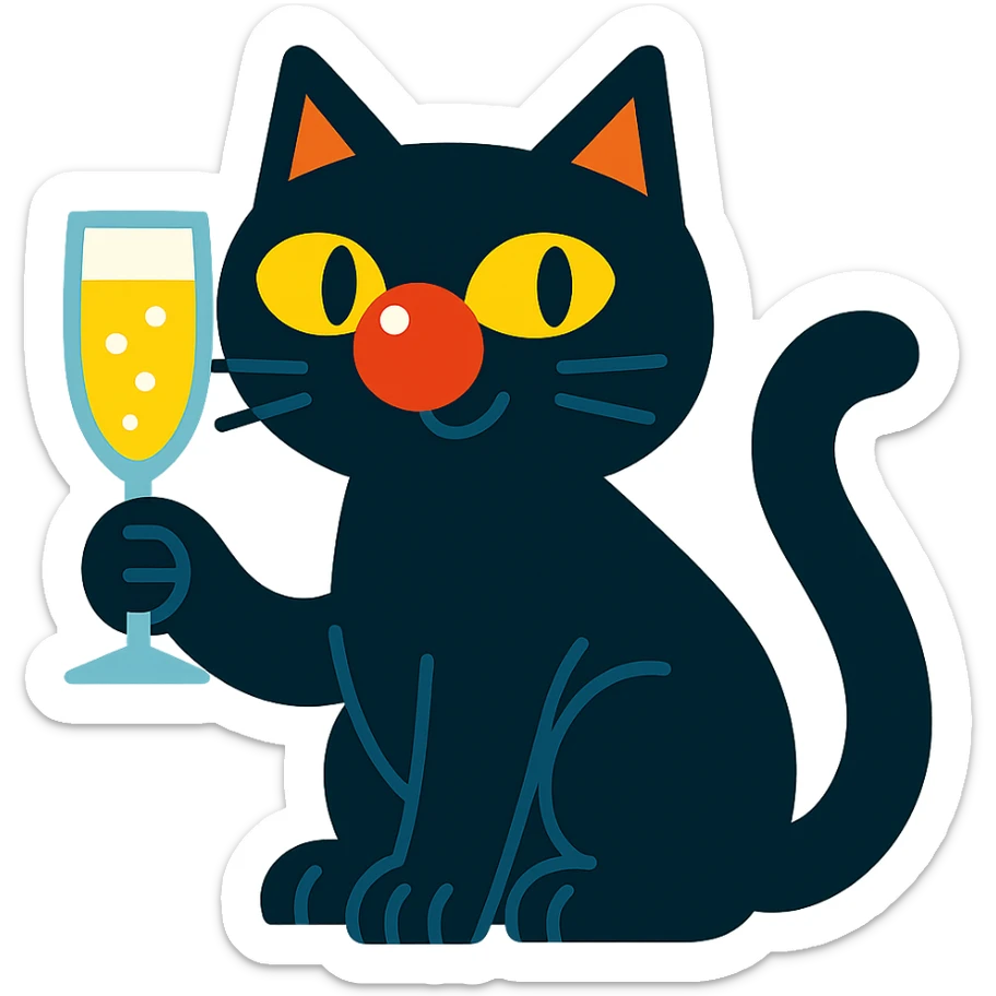 black cat with a clown nose and champagne glass, cartoonish and fun sticker
