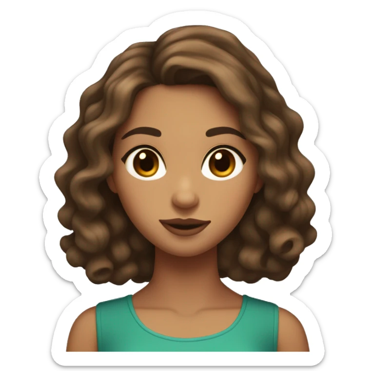 A brown hair girl with medium length wavy at ends hair who has tan skin and brown blackish eyes that look like a deer wit no freckles and a regular nose and eyebrows and with regular sized lips except the top lip is a little bigger sticker