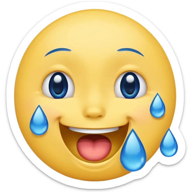 Emoji, yellow round laughing face, blue tears of joy on it. 2 big blue tears on each of the 2 cheeks sticker