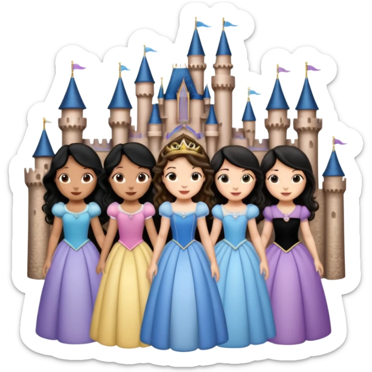 Quiero que crees una imagen donde este el castillo de Disney y por detrás o delante pon a quatro chicas: una con el pelo largo rizado marrón , otra con el pelo muy corto negro, otra con el pelo mediano liso marrón y otra con el pelo negro largo liso sticker