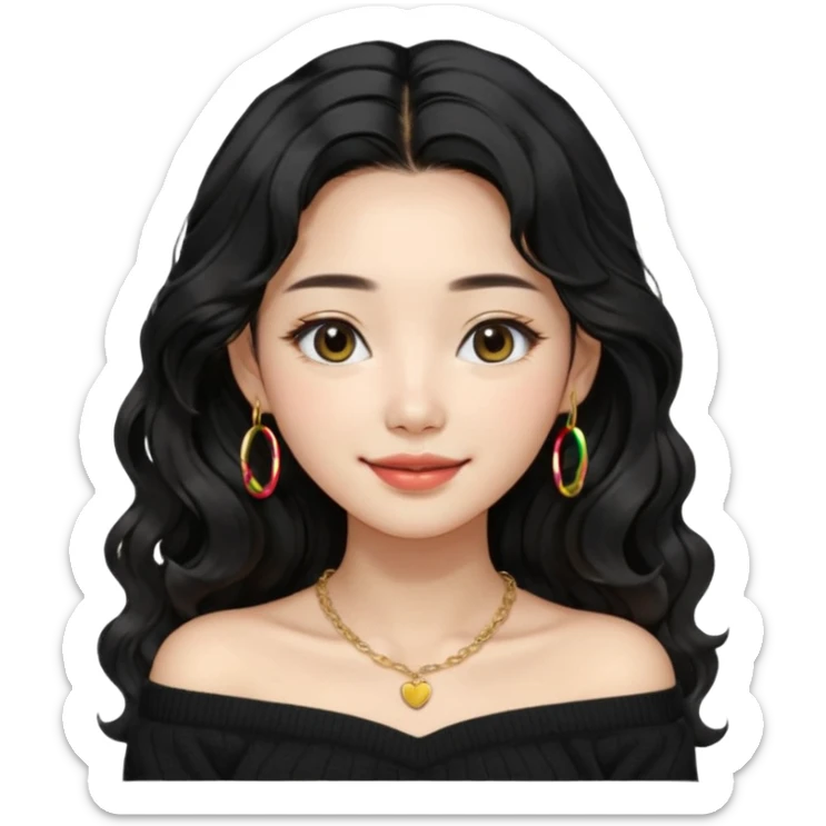 A South Korean girl with long, dark black wavy hair with middle part and layers. She is wearing a black off the shoulder long sleeve knit sweater, small gold hoop earrings and thin gold necklace. She is sweet and smiling with lips together sticker