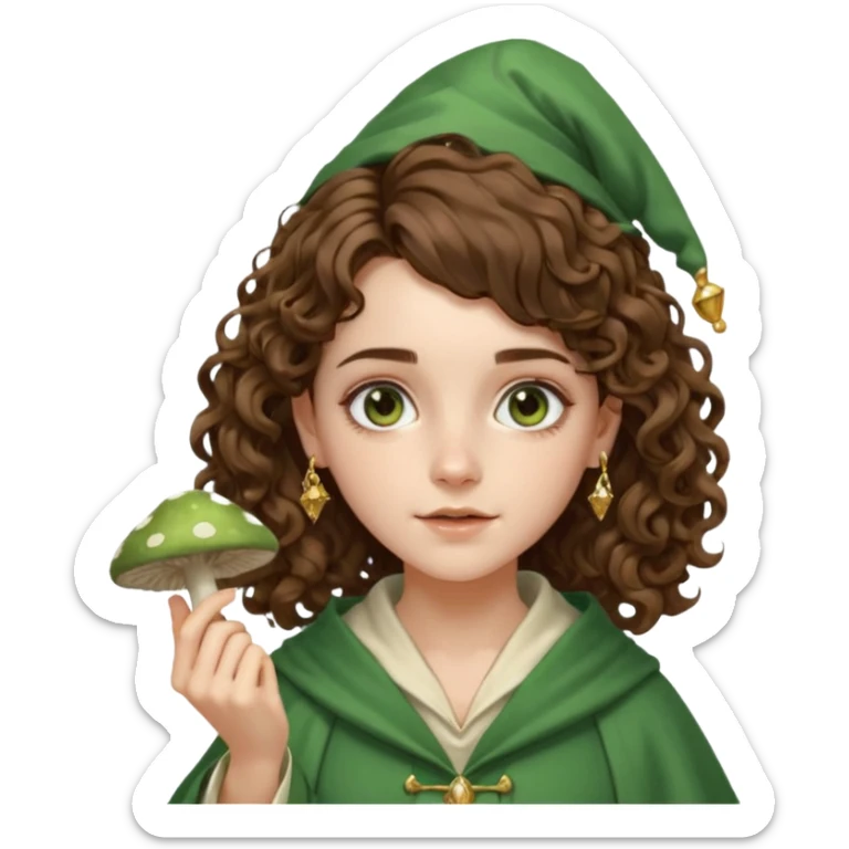 very beautiful italian girl, looking like Emma Watson, with curly and big volume very bright brown hair, and a golden piercing ring in nose on left side, dressed in a beautiful wizard robe of green colors, holding fly mushroom sticker