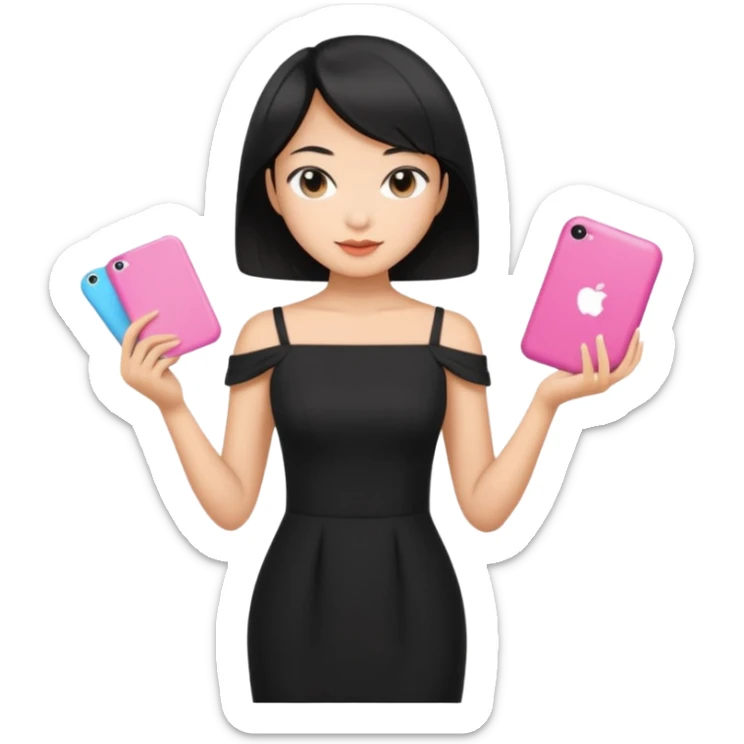 asian black short shoulder length hair tanned woman, black dress girly things sticker