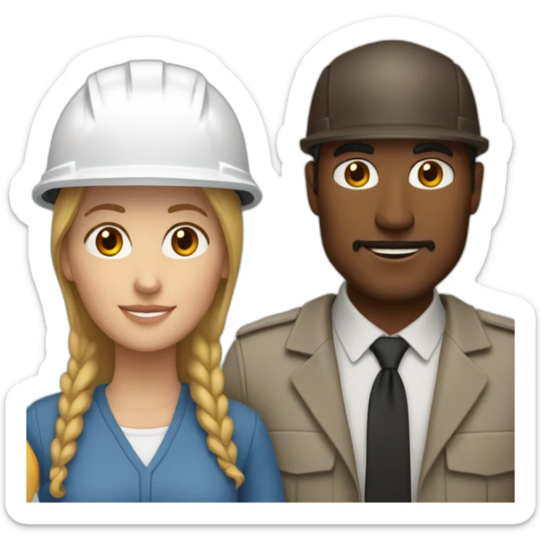 A white-helmeted couple of architects, featuring a white woman and a brown-skinned man sticker
