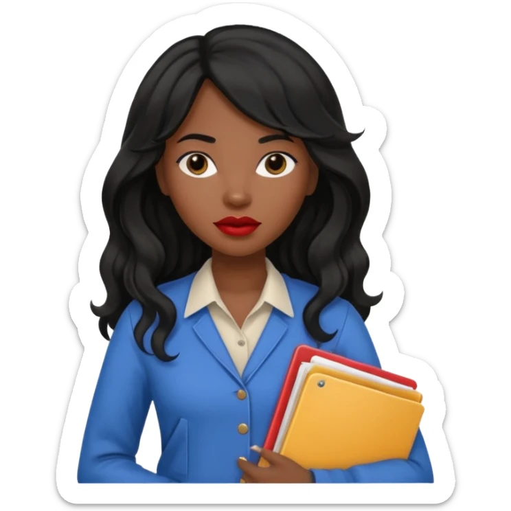 A young woman with long black hair, a wavy frange falling on half of her head. There's a long wavy stretch of hair falling on the side of her head. She's black, medium to dark skinned with thick lips. She's holding folders, and she's a CEO, but she's wearing casual clothes. sticker