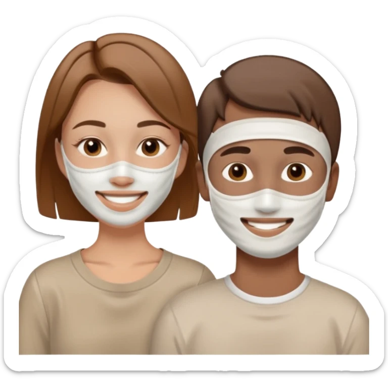 one woman with brown straight hair and a white clay self care face mask on smiling next to a man with light brown short hair with a white clay self care face mask on sticker