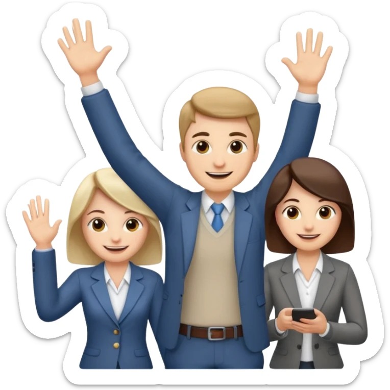 playful product owner emoji, person leading a team meeting, everyone smiling and high-fiving sticker