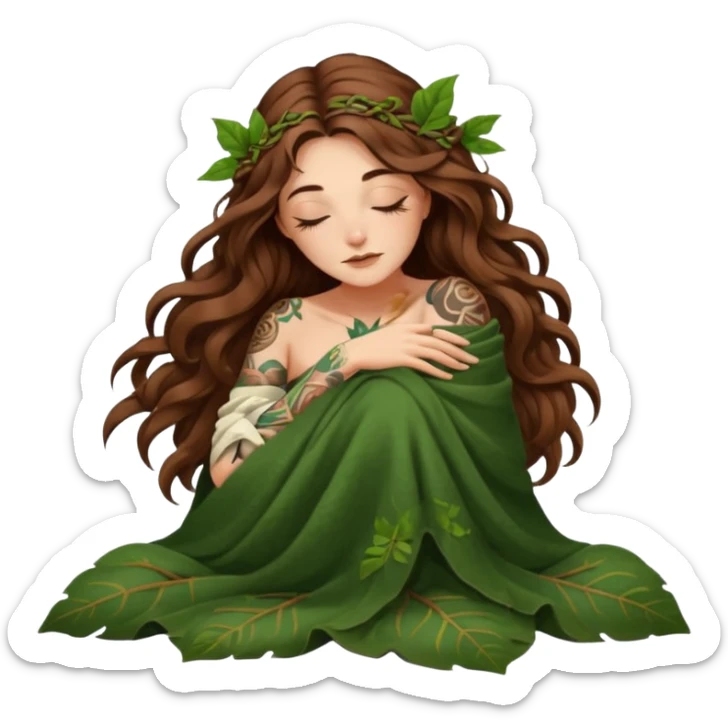 sleepy moon druid woman long wavy brown hair tattoos in leaf blanket sticker