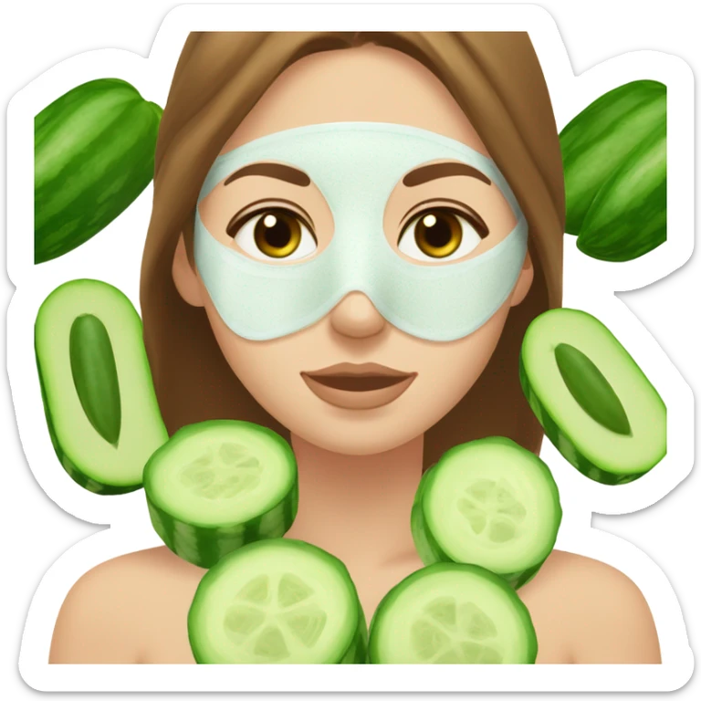 Girl with freackles Brown hair white skin Tone and blue eyes wears Green skin care mask while She relaxes and cucumber on her closed eyes sticker