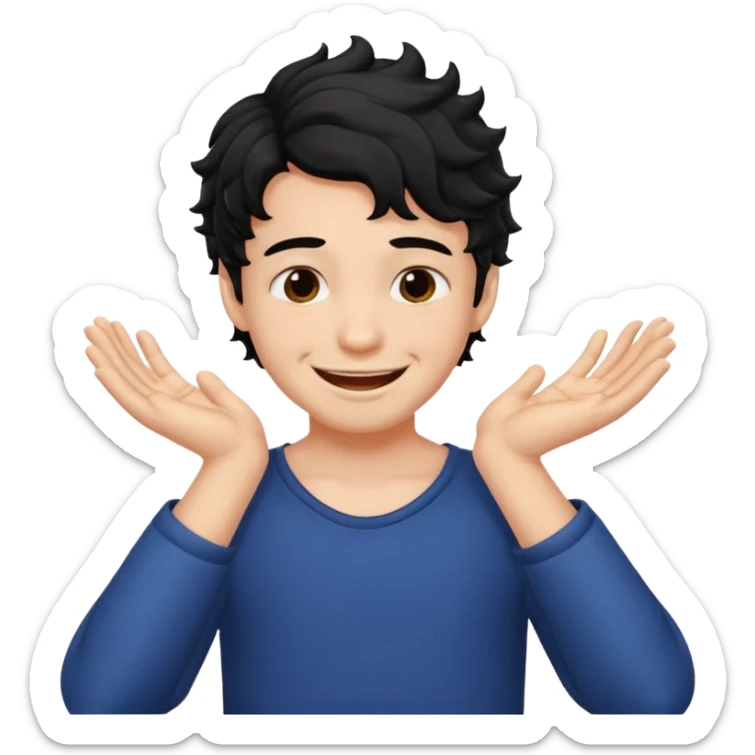 a boy with black wavy hair smiling very big but strangling his neck with his hands sticker