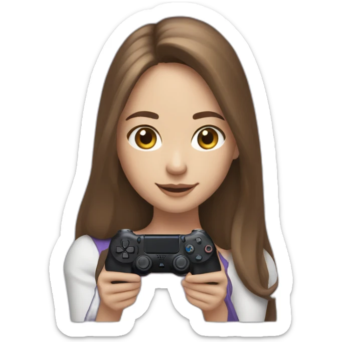 Caucasian Girl with long Brown hair holding a playstation 4 controller turned to her looking at a screen sticker