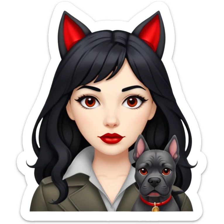 Fashionable woman with long black hair, big red lips, and Cane Corso dog ears and short tail sticker