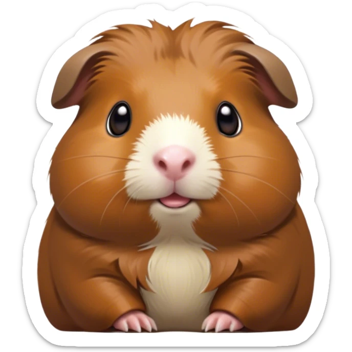 Cinematic Cute Brown Guinea Pig Portrait Emoji, Head tilted playfully and inquisitively, showcasing a velvety brown coat with a natural sheen, round, sparkling dark eyes filled with curiosity, Simplified yet irresistibly adorable features, highly detailed, glowing with a warm, friendly glow, high shine, affectionate and lively, stylized with a touch of whimsy, bright and endearing, soft glowing outline, capturing the essence of a mischievous yet loving guinea pig, so playful it feels like it could nuzzle out of the screen into your arms! sticker
