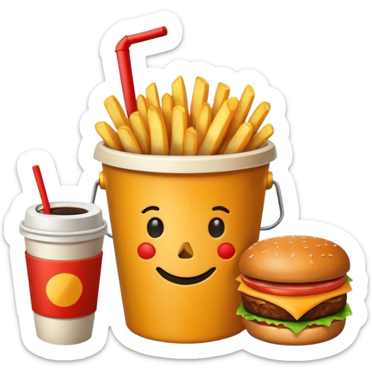 ganarate a emogi a bucket of food with pizza buerger coffee add fries cold coffe to sticker