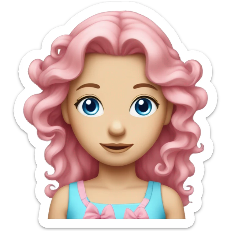 Long wavy Pink haired girl with bright beautiful blue eyes and pretty face, wearing a cute pink dress with a bow in her hair sticker