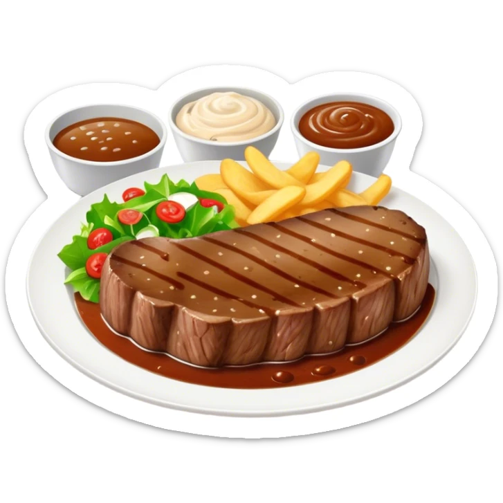 big juicy australian steak meal featuring chips, small salad in a ramiken and gravy  sticker