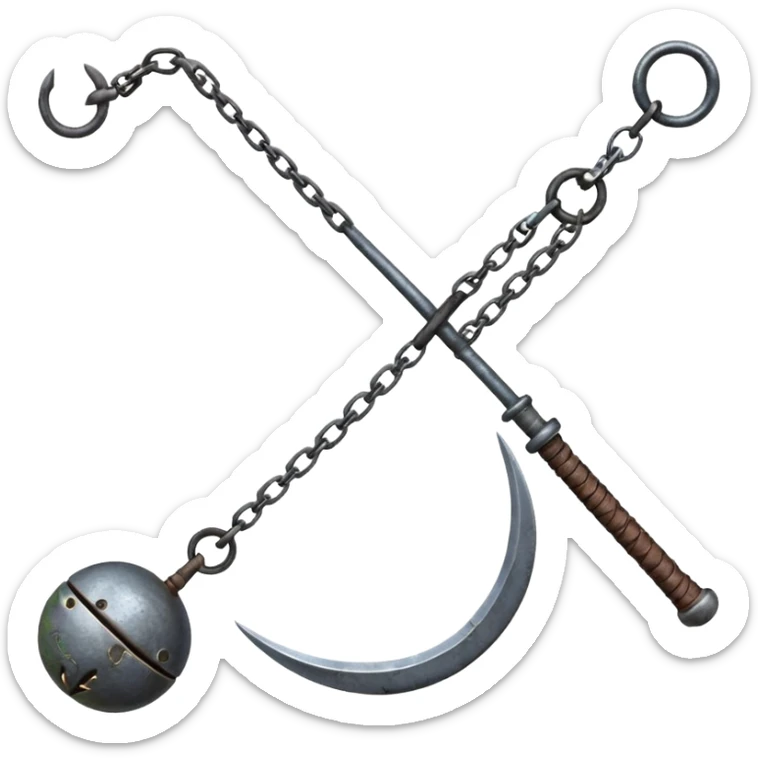 make japan weapon named "kusarigama" like hoe with chain and metal ball at the end of chain sticker